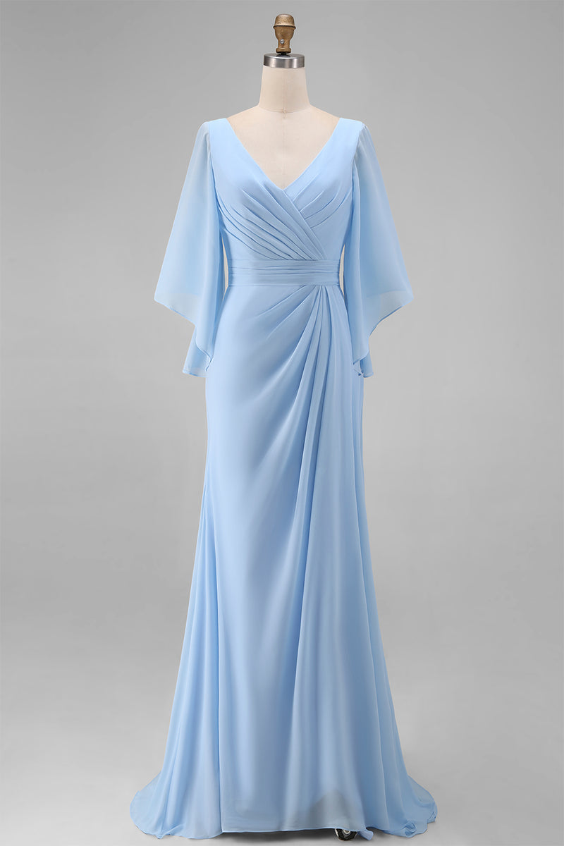 Laden Sie das Bild in den Galerie-Viewer, Himmelblaues Chiffon V-Ausschnitt Gerafftes Mutter der Braut Kleid mit Ärmel