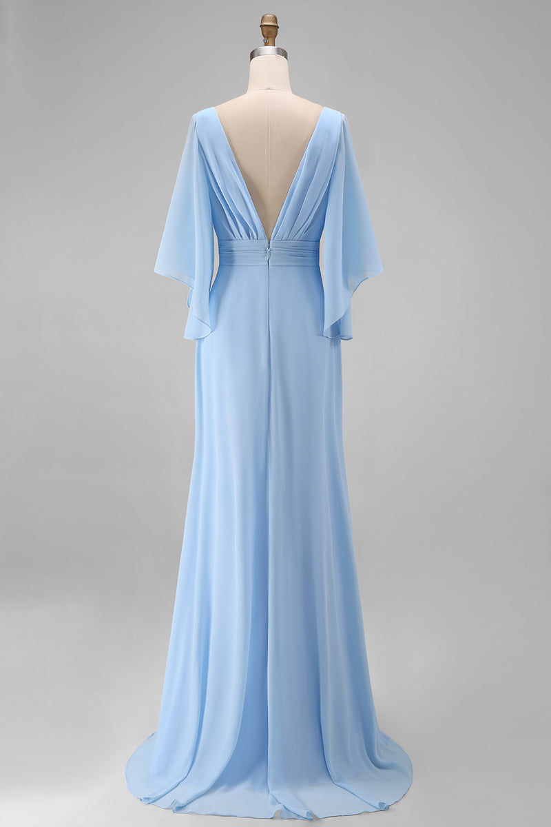 Laden Sie das Bild in den Galerie-Viewer, Himmelblaues Chiffon V-Ausschnitt Gerafftes Mutter der Braut Kleid mit Ärmel