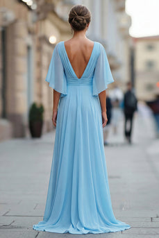 Himmelblaues Chiffon V-Ausschnitt Gerafftes Mutter der Braut Kleid mit Ärmel