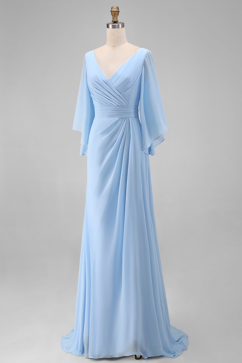 Laden Sie das Bild in den Galerie-Viewer, Himmelblaues Chiffon V-Ausschnitt Gerafftes Mutter der Braut Kleid mit Ärmel