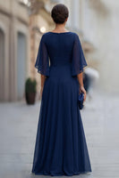 Laden Sie das Bild in den Galerie-Viewer, Chiffon Marineblaues Raffen A-Linie Mutter der Braut Kleid mit Halbärmeln