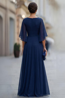 Chiffon Marineblaues Raffen A-Linie Mutter der Braut Kleid mit Halbärmeln