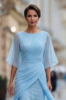 Laden Sie das Bild in den Galerie-Viewer, Chiffon Marineblaues Raffen A-Linie Mutter der Braut Kleid mit Halbärmeln