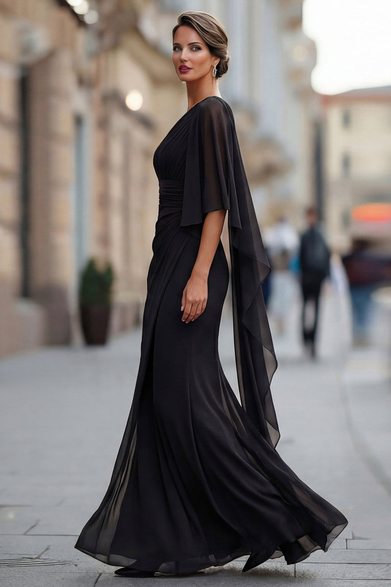 Laden Sie das Bild in den Galerie-Viewer, Salbeigrünes Einschulter Chiffon Meerjungfrau Mutter der Braut Kleid mit Ärmeln