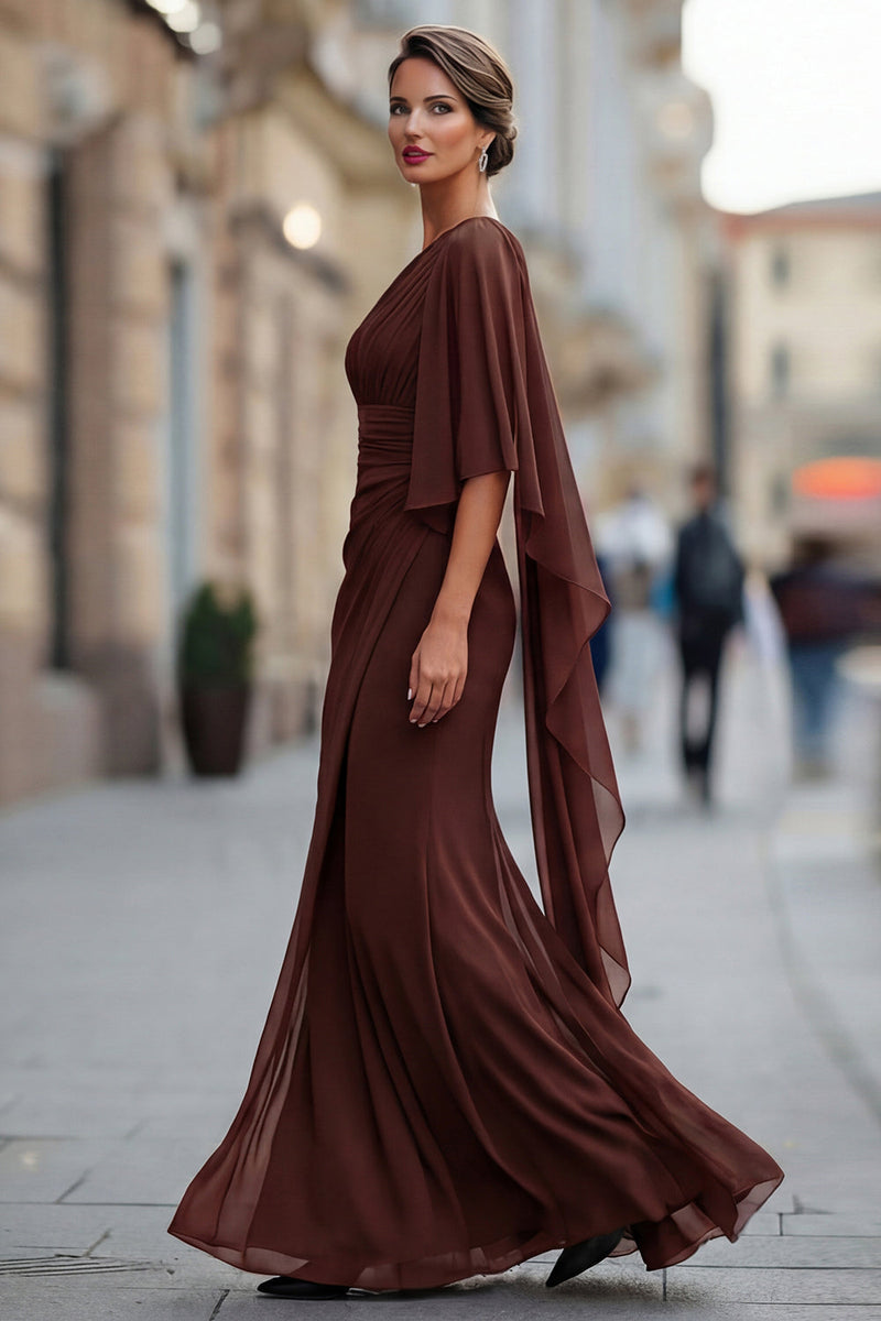 Laden Sie das Bild in den Galerie-Viewer, Salbeigrünes Einschulter Chiffon Meerjungfrau Mutter der Braut Kleid mit Ärmeln