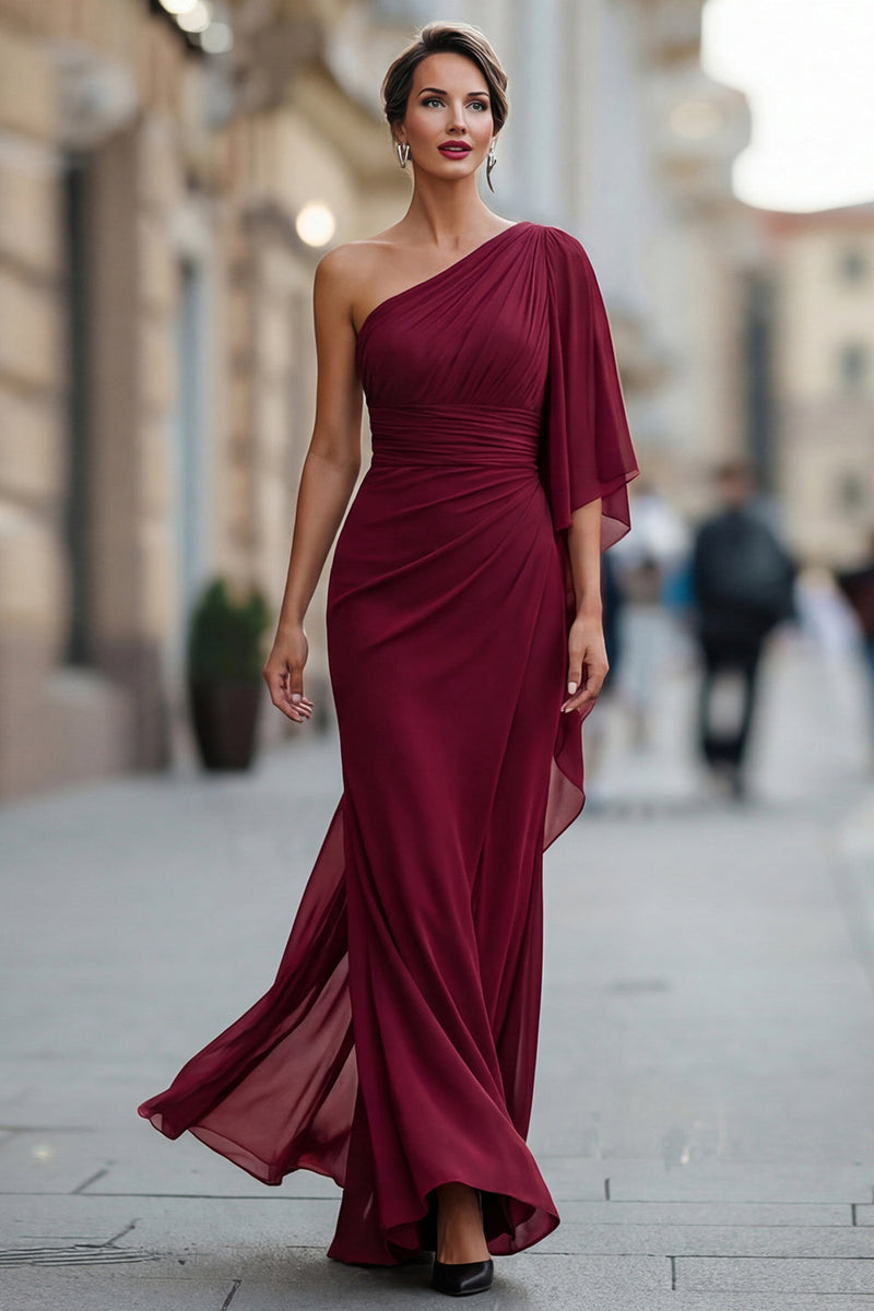 Laden Sie das Bild in den Galerie-Viewer, Salbeigrünes Einschulter Chiffon Meerjungfrau Mutter der Braut Kleid mit Ärmeln