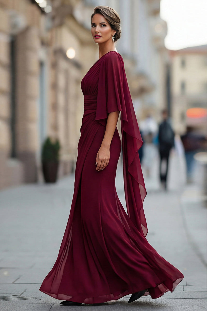 Laden Sie das Bild in den Galerie-Viewer, Salbeigrünes Einschulter Chiffon Meerjungfrau Mutter der Braut Kleid mit Ärmeln