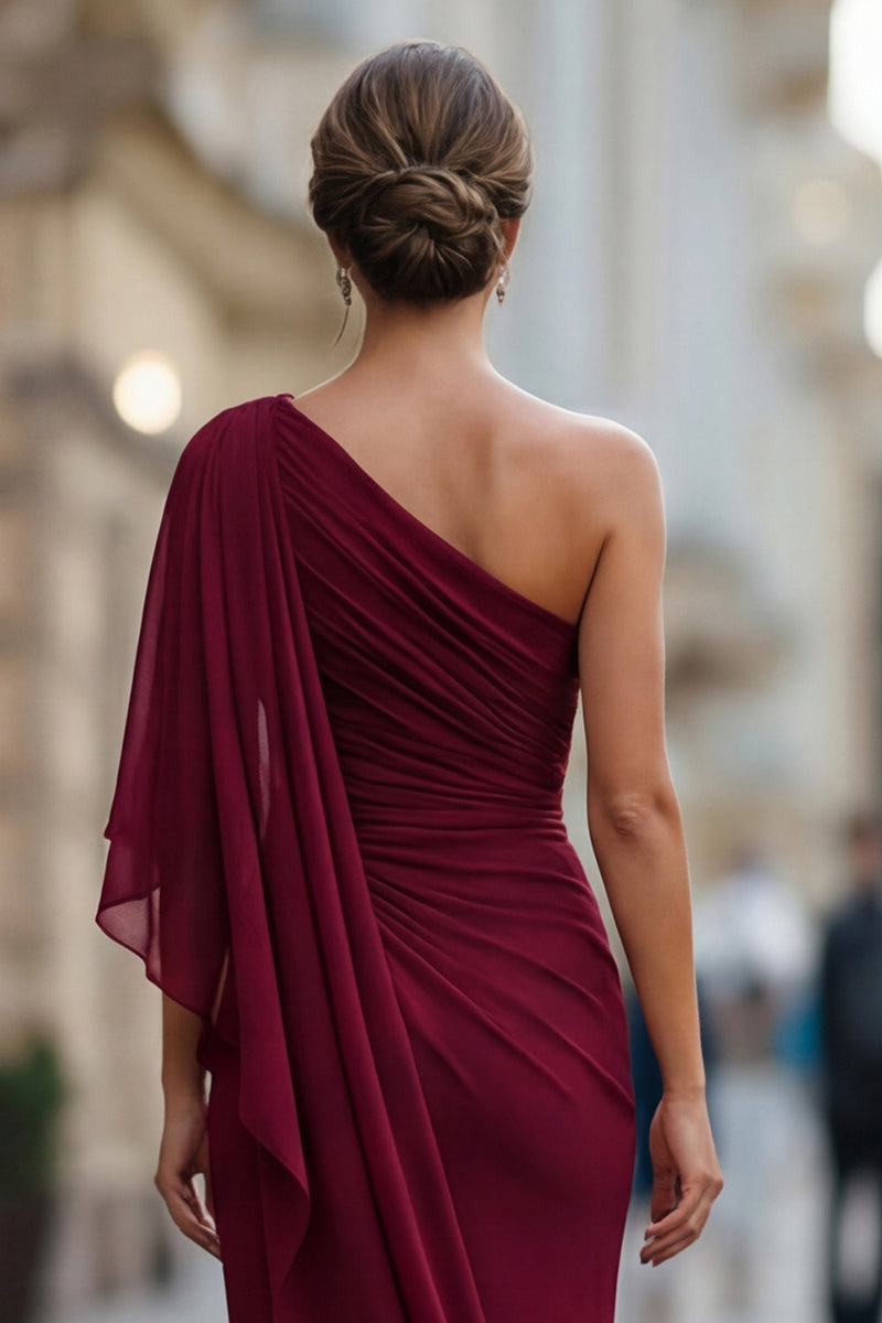 Laden Sie das Bild in den Galerie-Viewer, Salbeigrünes Einschulter Chiffon Meerjungfrau Mutter der Braut Kleid mit Ärmeln
