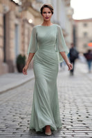 Laden Sie das Bild in den Galerie-Viewer, Salbeigrünes Chiffon Meerjungfrau Falten Mutter der Braut Kleid mit Ärmel
