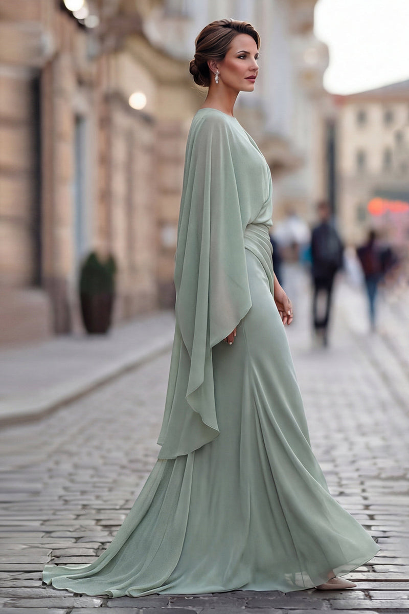 Laden Sie das Bild in den Galerie-Viewer, Salbeigrünes Chiffon Rüschen Meerjungfrau Mutter der Braut Kleid mit Ärmel