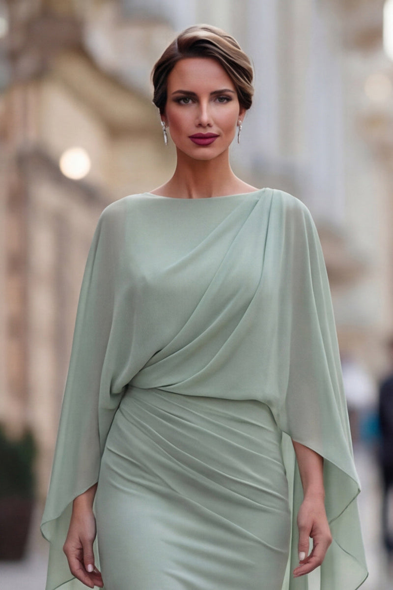 Laden Sie das Bild in den Galerie-Viewer, Salbeigrünes Chiffon Rüschen Meerjungfrau Mutter der Braut Kleid mit Ärmel