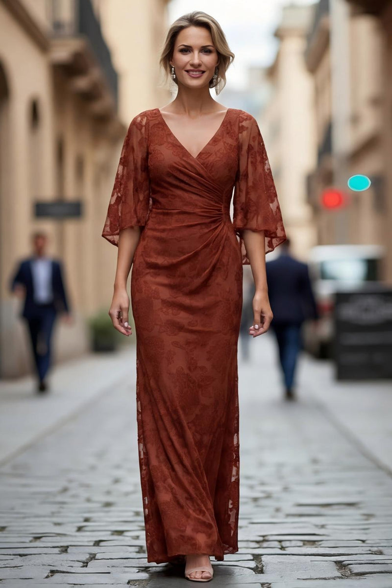 Laden Sie das Bild in den Galerie-Viewer, Rost Spitze Scheide Gerafftes Mutter der Braut Kleid mit Halbärmeln