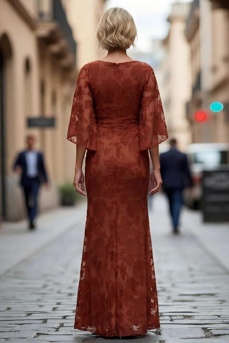 Laden Sie das Bild in den Galerie-Viewer, Rost Spitze Scheide Gerafftes Mutter der Braut Kleid mit Halbärmeln