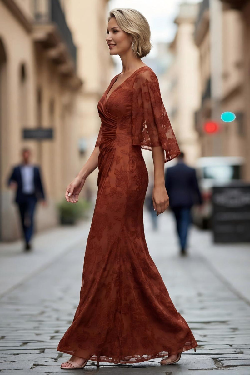 Laden Sie das Bild in den Galerie-Viewer, Rost Spitze Scheide Gerafftes Mutter der Braut Kleid mit Halbärmeln