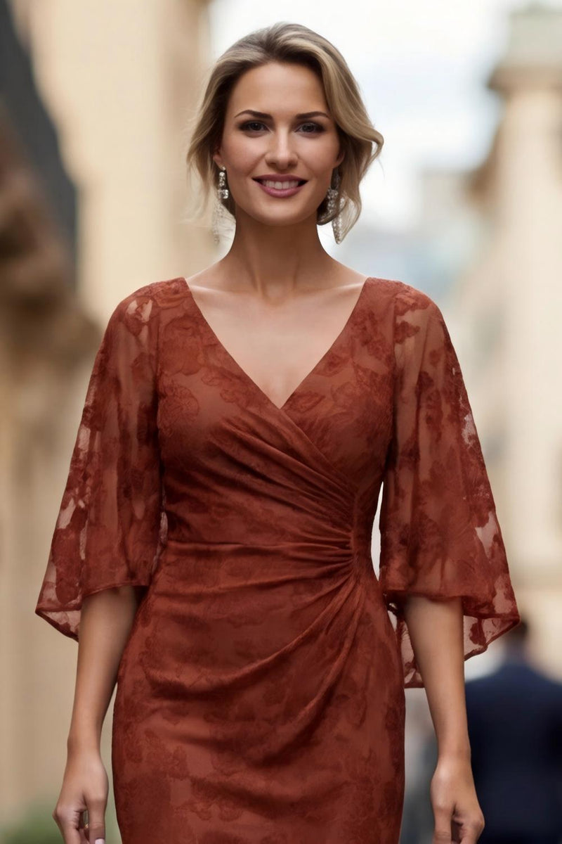Laden Sie das Bild in den Galerie-Viewer, Rost Spitze Scheide Gerafftes Mutter der Braut Kleid mit Halbärmeln