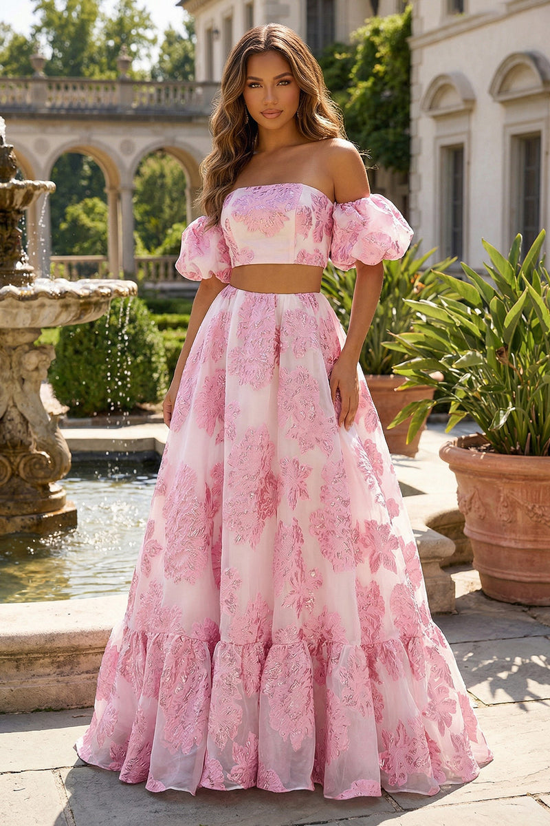 Laden Sie das Bild in den Galerie-Viewer, Rosa A Linie Schulterfreies Langes Jacquard Ballkleid mit Schnürung hinten
