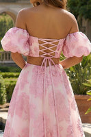 Laden Sie das Bild in den Galerie-Viewer, Rosa A Linie Schulterfreies Langes Jacquard Ballkleid mit Schnürung hinten