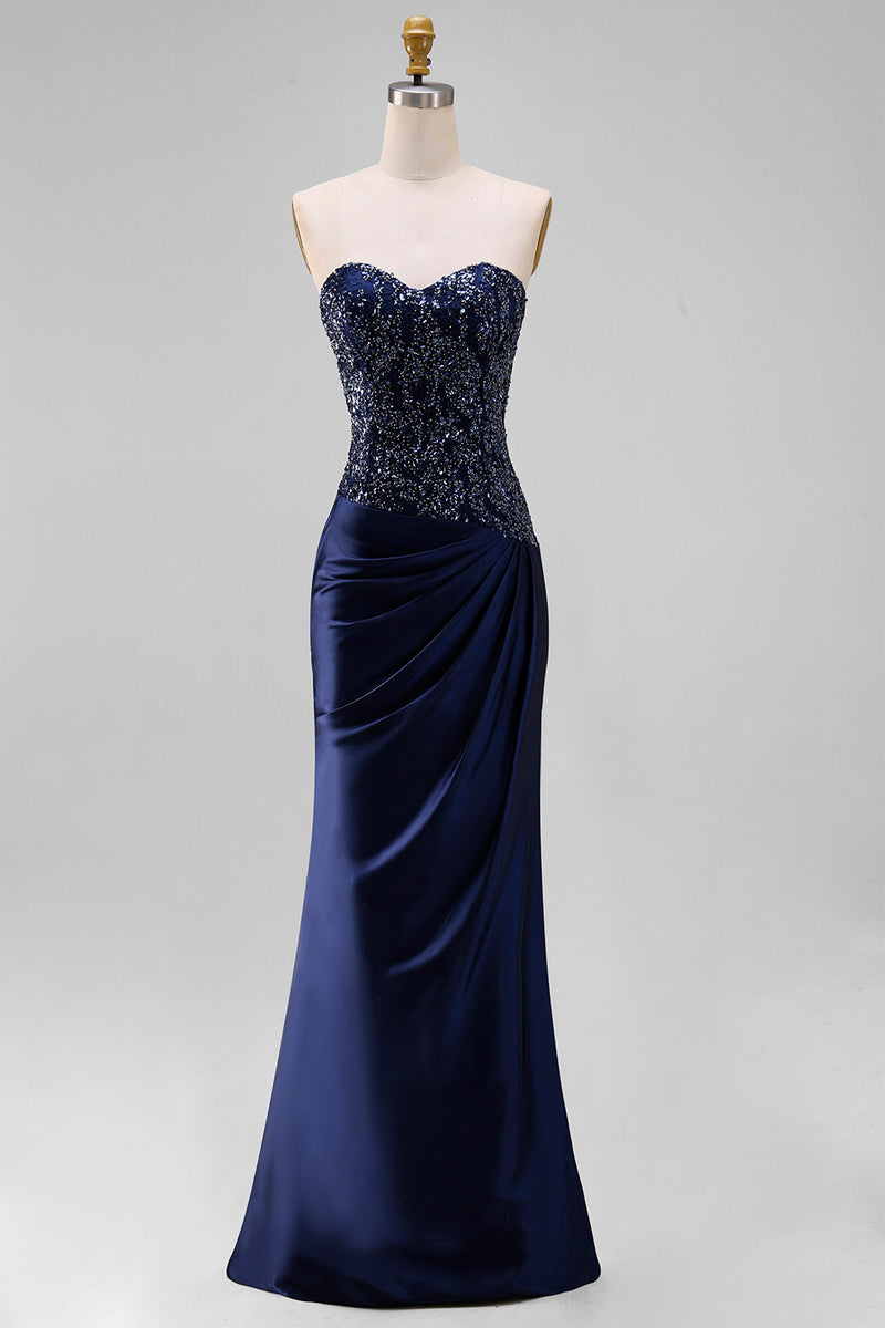 Laden Sie das Bild in den Galerie-Viewer, Marineblaues Meerjungfrauen Trägerloses Maxi Abendkleid mit Pailletten
