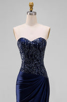 Laden Sie das Bild in den Galerie-Viewer, Marineblaues Meerjungfrauen Trägerloses Maxi Abendkleid mit Pailletten