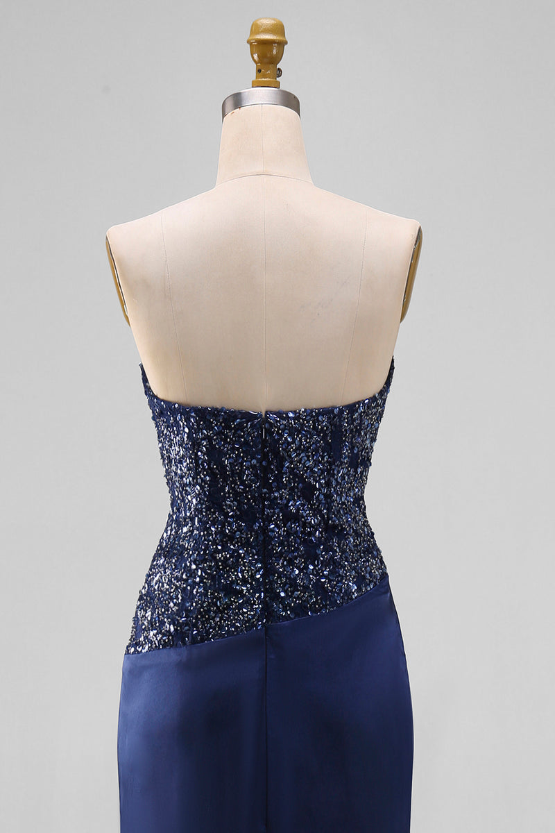 Laden Sie das Bild in den Galerie-Viewer, Marineblaues Meerjungfrauen Trägerloses Maxi Abendkleid mit Pailletten