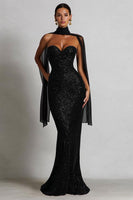Laden Sie das Bild in den Galerie-Viewer, Glitzerndes Schwarzes Meerjungfrauen Herzausschnitt Maxi Partykleid mit Hals-Schal