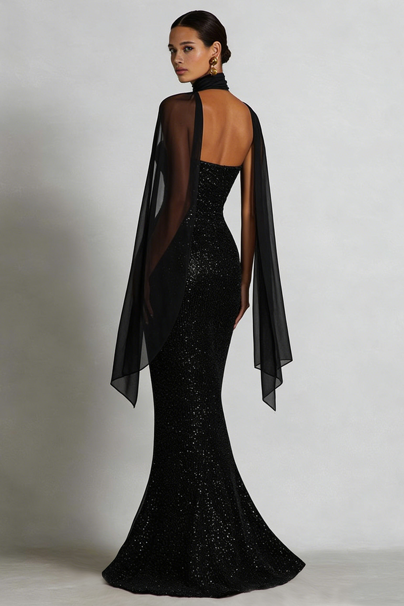 Laden Sie das Bild in den Galerie-Viewer, Glitzerndes Schwarzes Meerjungfrauen Herzausschnitt Maxi Partykleid mit Hals-Schal