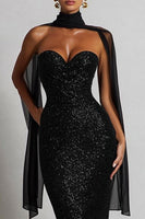 Laden Sie das Bild in den Galerie-Viewer, Glitzerndes Schwarzes Meerjungfrauen Herzausschnitt Maxi Partykleid mit Hals-Schal