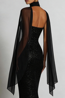 Laden Sie das Bild in den Galerie-Viewer, Glitzerndes Schwarzes Meerjungfrauen Herzausschnitt Maxi Partykleid mit Hals-Schal