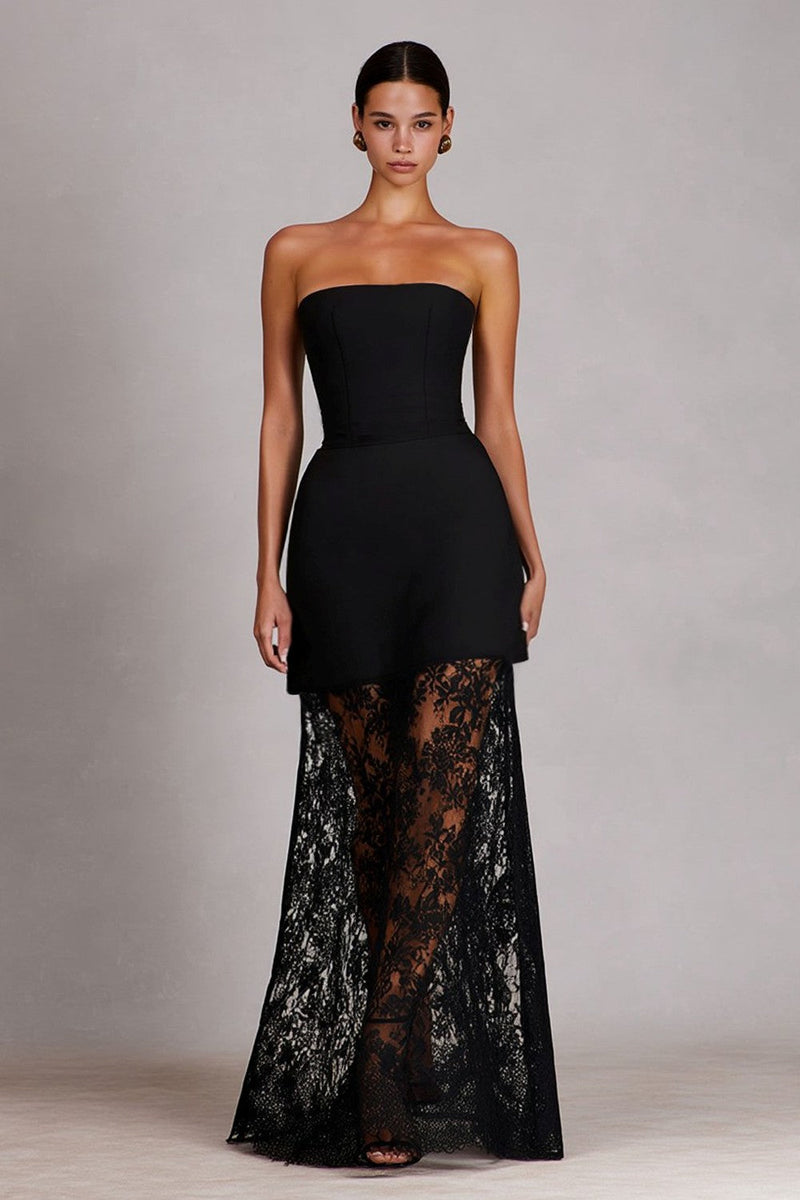 Laden Sie das Bild in den Galerie-Viewer, Schwarzes Trägerloses Langes Satin Ballkleid mit Spitze in A-Linie