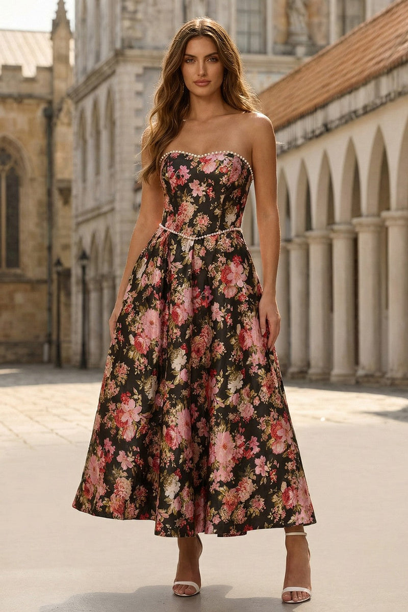 Laden Sie das Bild in den Galerie-Viewer, Trägerloses A-Linie Bedrucktes Schwarzes Rosa Blütiges Midi Partykleid mit Perlen