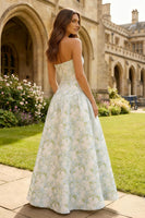 Laden Sie das Bild in den Galerie-Viewer, Trägerloses Blaues Weiß Blumen Bedrucktes A-Linie Maxi Ballkleid