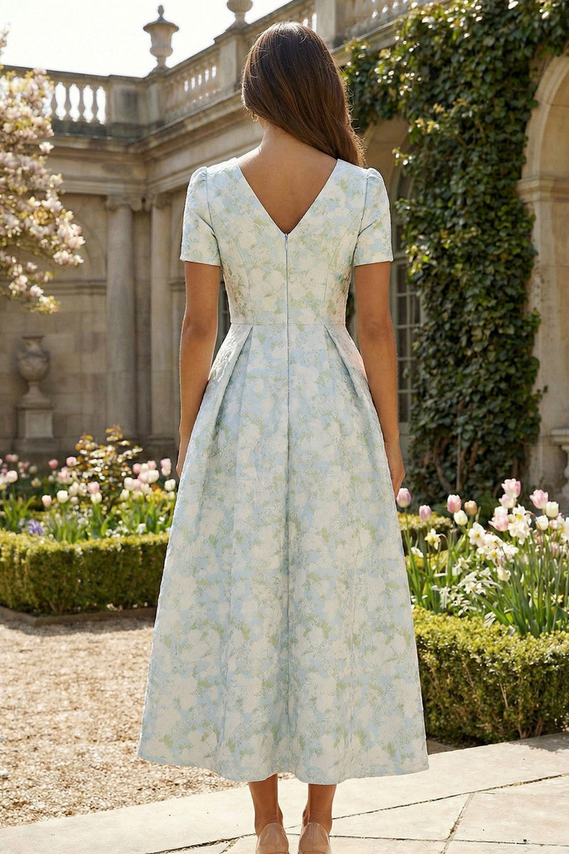 Laden Sie das Bild in den Galerie-Viewer, Blau-Weiß Blumen Druck Kurzärmel A-Linie Midi Partykleid mit Druck