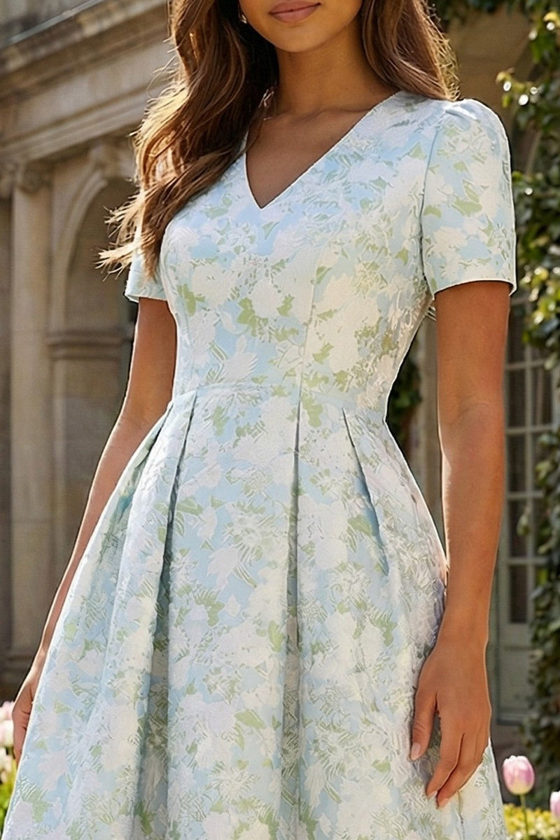 Laden Sie das Bild in den Galerie-Viewer, Blau-Weiß Blumen Druck Kurzärmel A-Linie Midi Partykleid mit Druck