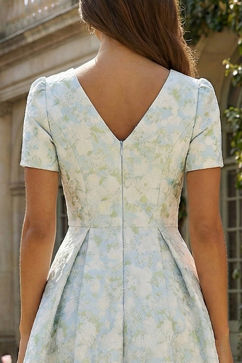 Laden Sie das Bild in den Galerie-Viewer, Blau-Weiß Blumen Druck Kurzärmel A-Linie Midi Partykleid mit Druck