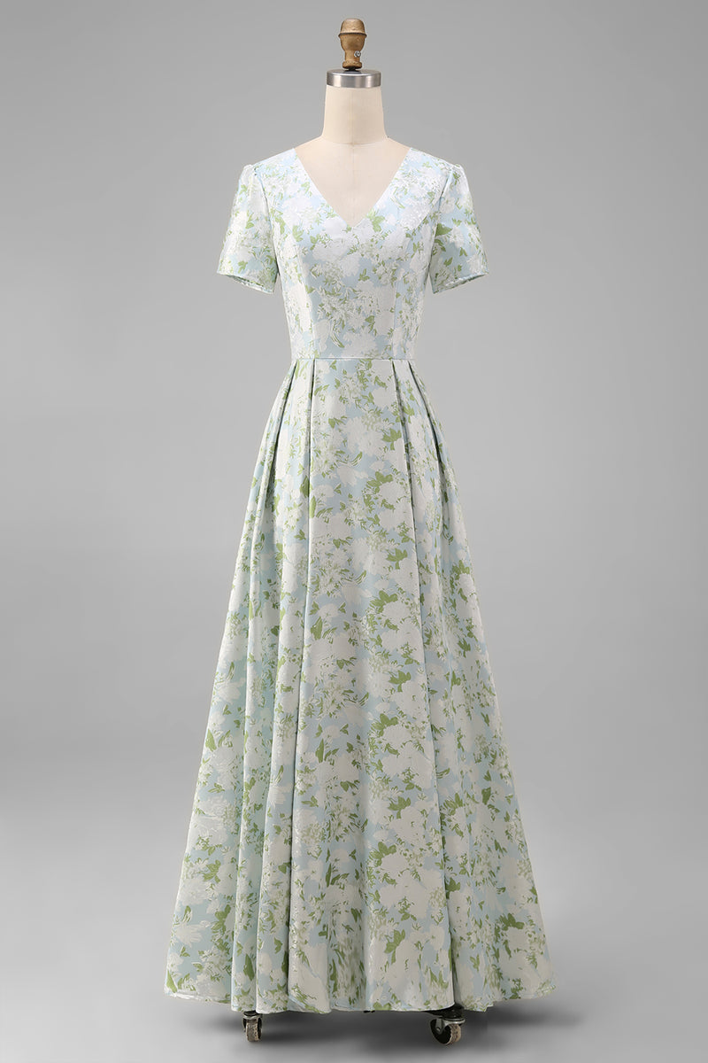 Laden Sie das Bild in den Galerie-Viewer, Blau-Weiß Blumen Druck Kurzärmel A-Linie Midi Partykleid mit Druck
