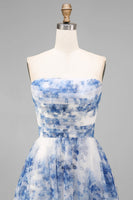 Laden Sie das Bild in den Galerie-Viewer, Weißblaues, blumiges trägerloses A-Linien-Runden-Midi-Kleid