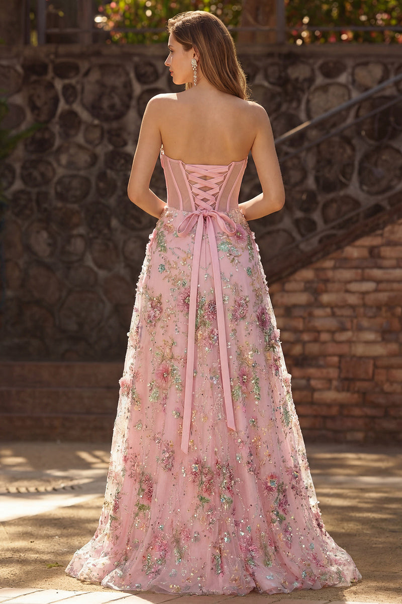 Laden Sie das Bild in den Galerie-Viewer, Rosa Geblümtes Trägerloses Transparentes Korsett Pailletten Langes Ballkleid mit Schlitz