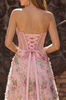 Laden Sie das Bild in den Galerie-Viewer, Rosa Geblümtes Trägerloses Transparentes Korsett Pailletten Langes Ballkleid mit Schlitz