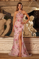 Laden Sie das Bild in den Galerie-Viewer, Rosa Meerjungfrauen Neckholder Pailletten Korsett Langes Ballkleid mit Schlitz