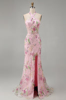 Laden Sie das Bild in den Galerie-Viewer, Rosa Meerjungfrauen Neckholder Pailletten Korsett Langes Ballkleid mit Schlitz