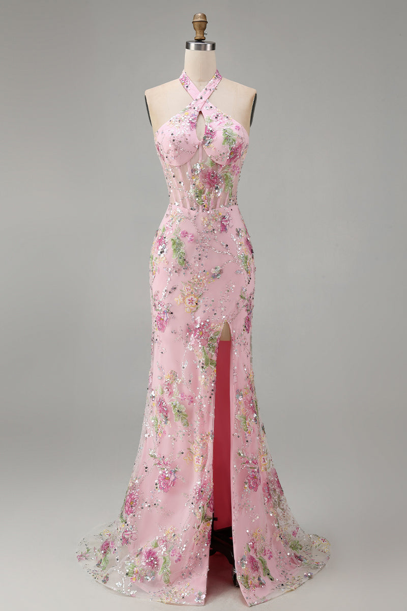 Laden Sie das Bild in den Galerie-Viewer, Rosa Meerjungfrauen Neckholder Pailletten Korsett Langes Ballkleid mit Schlitz