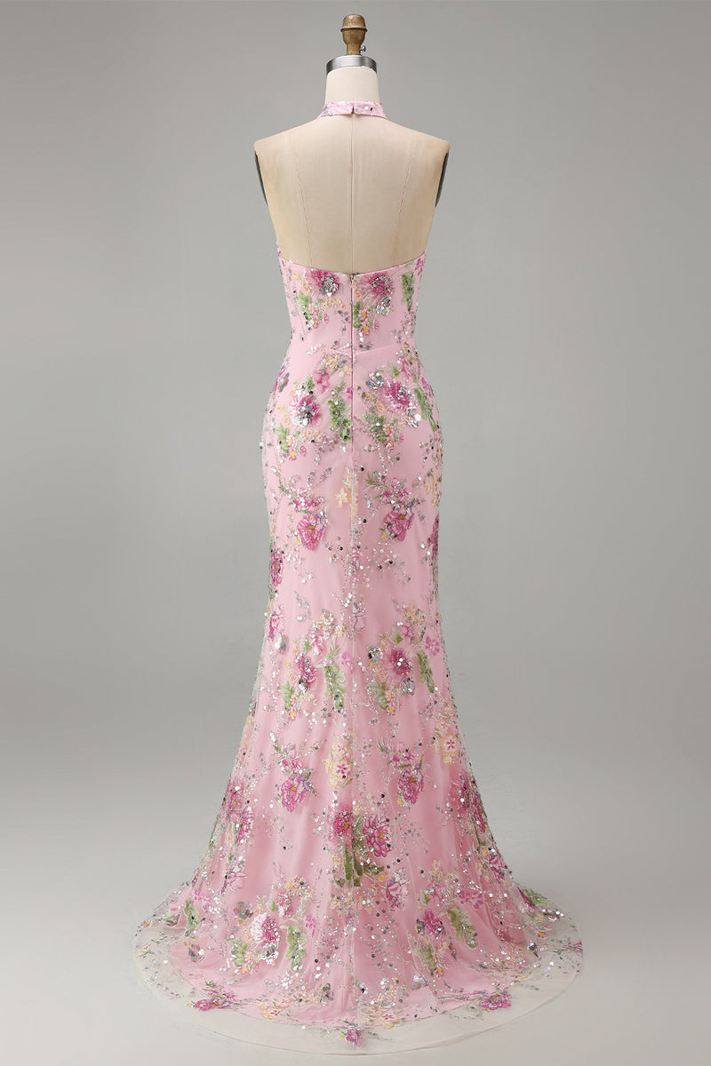 Laden Sie das Bild in den Galerie-Viewer, Rosa Meerjungfrauen Neckholder Pailletten Korsett Langes Ballkleid mit Schlitz