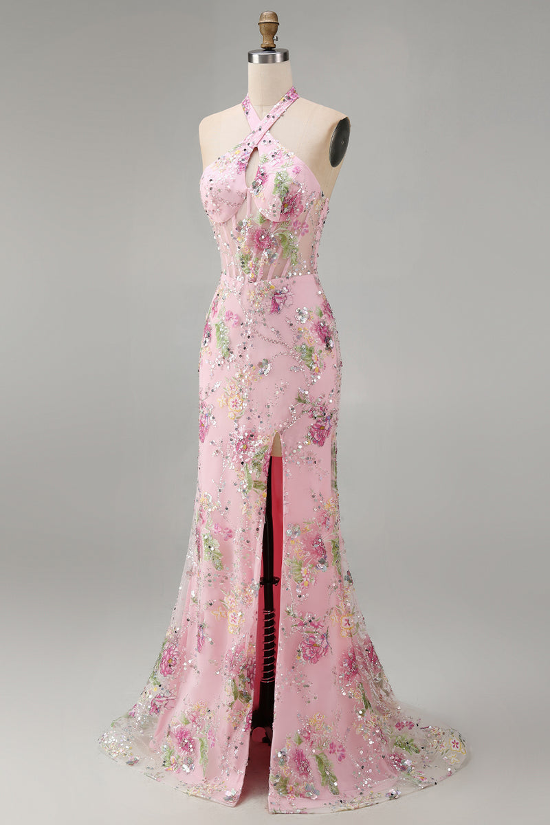 Laden Sie das Bild in den Galerie-Viewer, Rosa Meerjungfrauen Neckholder Pailletten Korsett Langes Ballkleid mit Schlitz