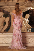 Laden Sie das Bild in den Galerie-Viewer, Rosa Transparentes Korsett Schulterfreies Pailletten Meerjungfrauen Langes Ballkleid mit Schlitz