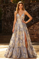 Laden Sie das Bild in den Galerie-Viewer, Staubiges Blaues Jacquard Spaghetti-Träger Korsett Langes Abschlussballkleid mit Schlitz