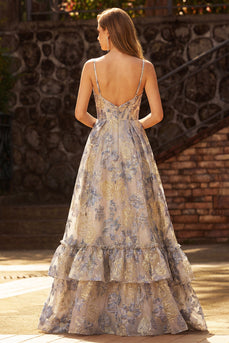 Staubiges Blaues Jacquard Spaghetti-Träger Korsett Langes Abschlussballkleid mit Schlitz