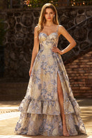 Laden Sie das Bild in den Galerie-Viewer, Staubiges Blau Spaghettiträger Jacquard Rüschen Korsett Langes Abschlussballkleid mit Schlitz