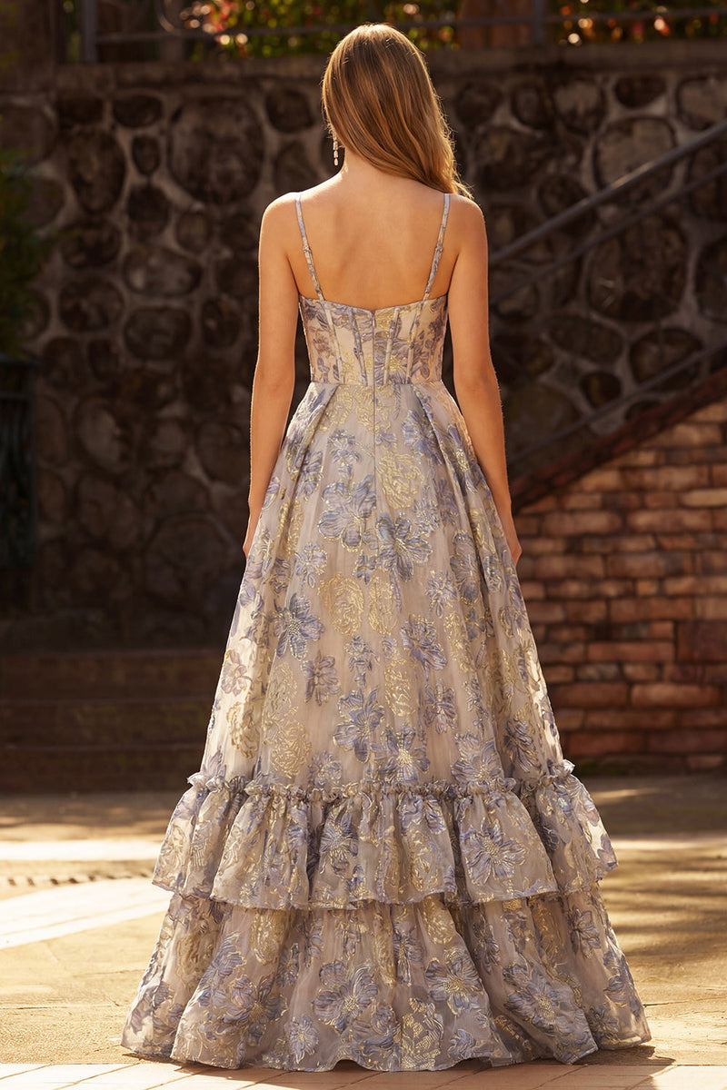 Laden Sie das Bild in den Galerie-Viewer, Staubiges Blau Spaghettiträger Jacquard Rüschen Korsett Langes Abschlussballkleid mit Schlitz