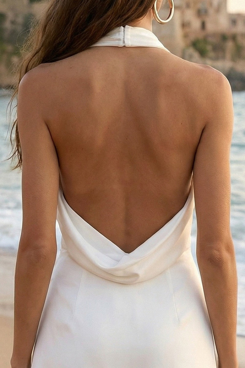 Laden Sie das Bild in den Galerie-Viewer, Satin Elfenbein Neckholder Gerafftes Asymmetrisches Mini Standesamt Kleid mit Schlitz
