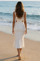 Laden Sie das Bild in den Galerie-Viewer, Elfenbein Quadrathals Bodycon Standesamt Kleid mit Rüschen